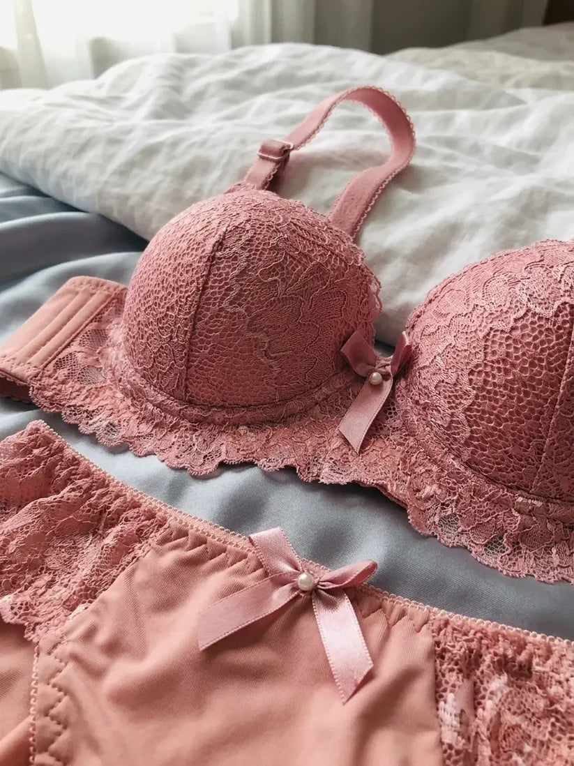 Luxe Dusty Rose Full-Lace 2-Piece Intimates Set with Scalloped Trim