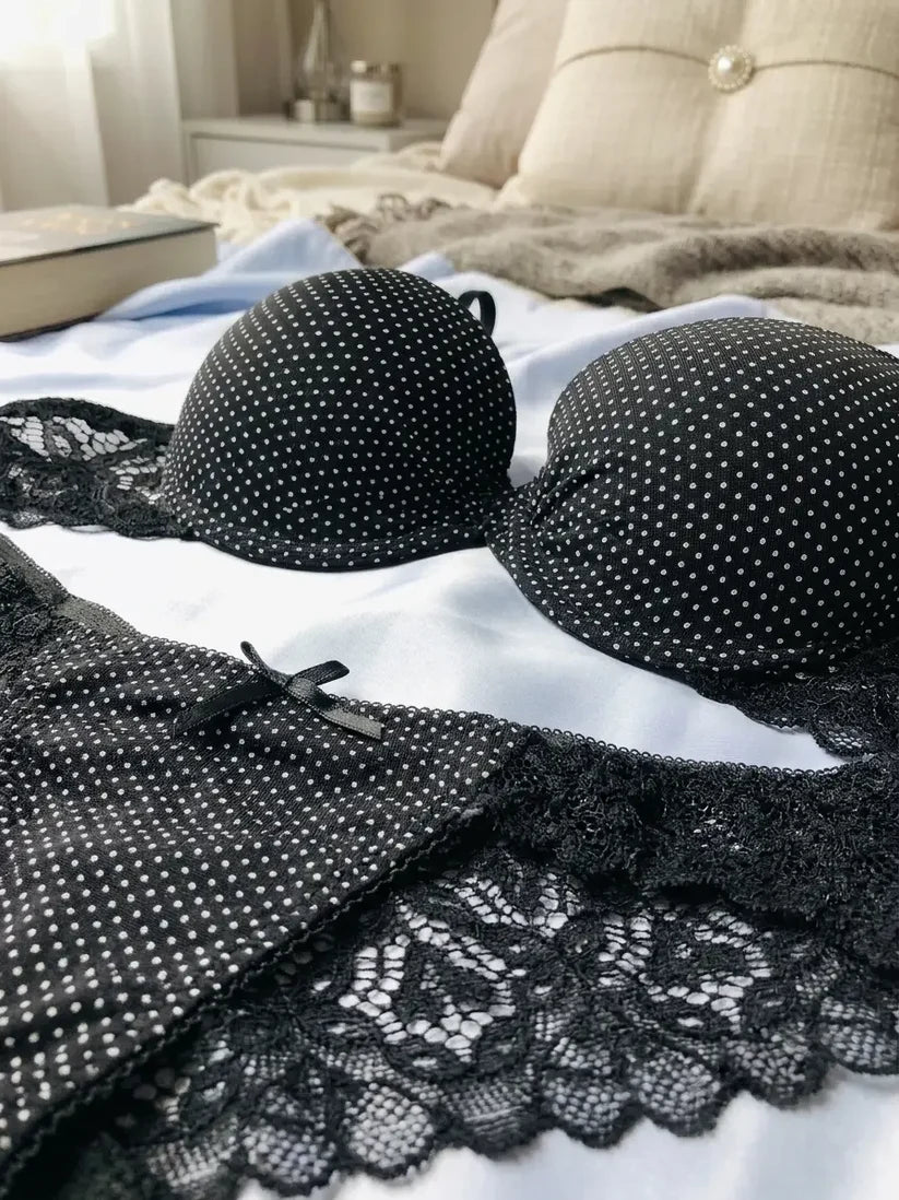 Luxe Midnight Polka Dot 2-Piece Intimates Set with Elegant Lace Trim