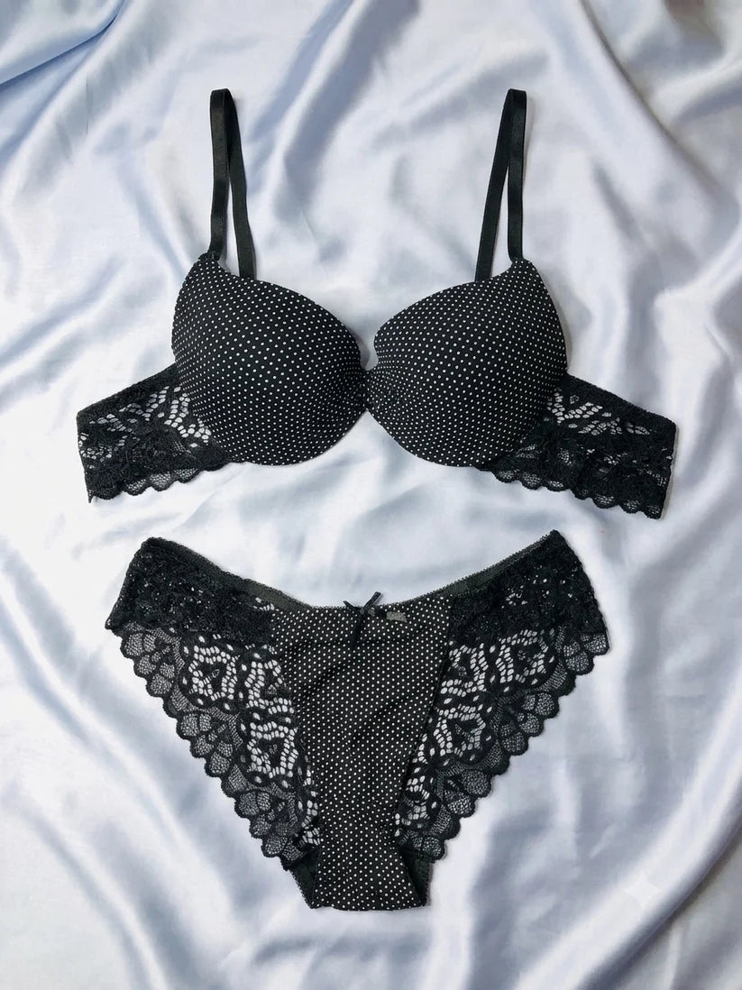 Luxe Midnight Polka Dot 2-Piece Intimates Set with Elegant Lace Trim