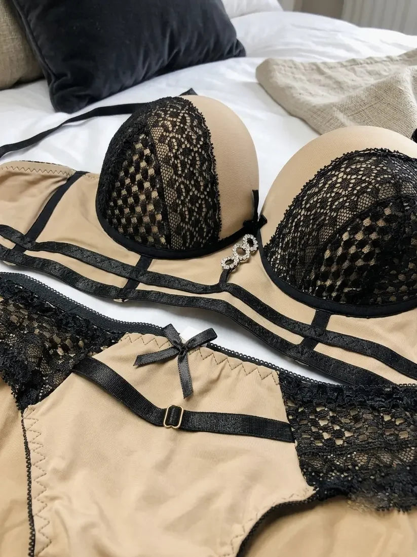 Luxe Nude Contrast Strappy 2-Piece Intimates Set with Lace Overlay