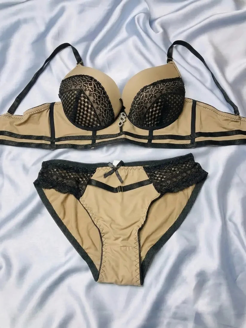 Luxe Nude Contrast Strappy 2-Piece Intimates Set with Lace Overlay