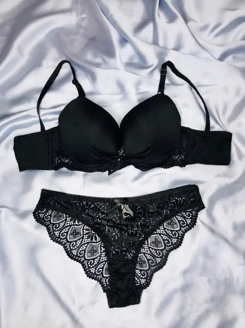 Luxe Onyx Black 2-Piece Intimates Set with Fabric Bow & Crystal Accent