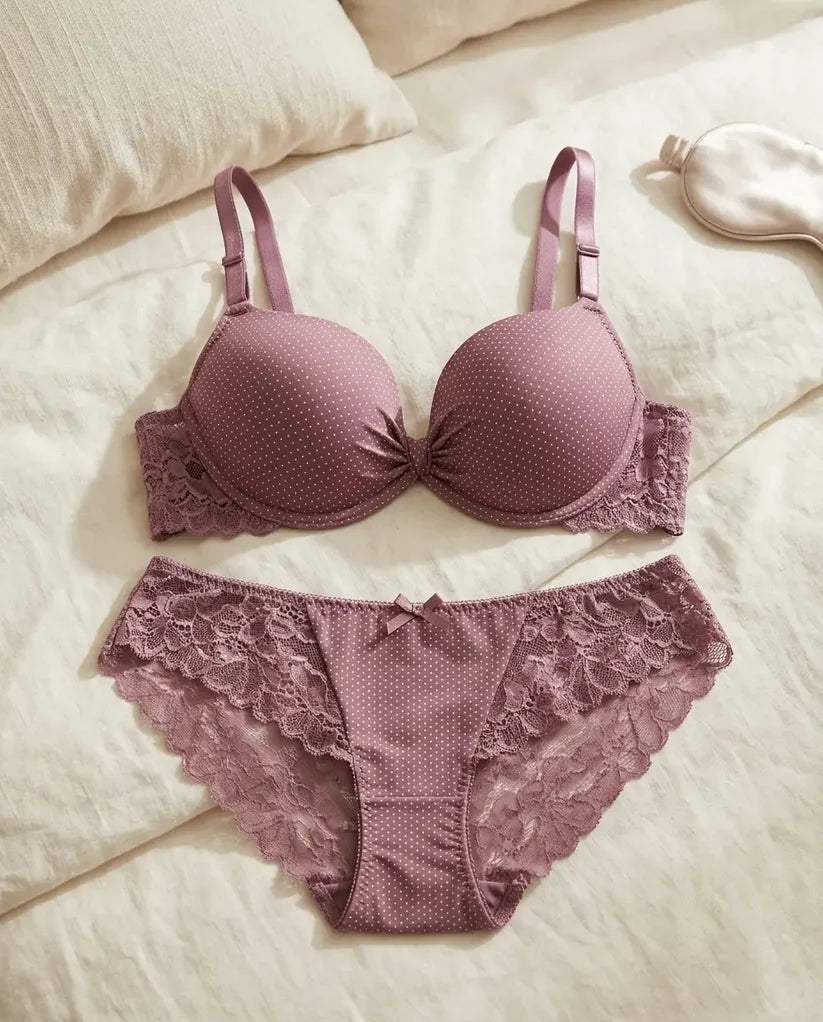 Luxe Plum Polka Dot 2-Piece Intimates Set with Romantic Scalloped Lace