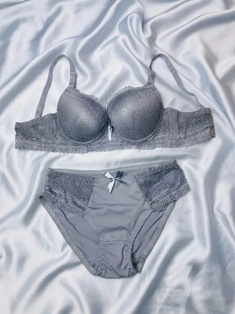 Luxe Slate Grey Wide-Band 2-Piece Intimates Set with Textured Lace