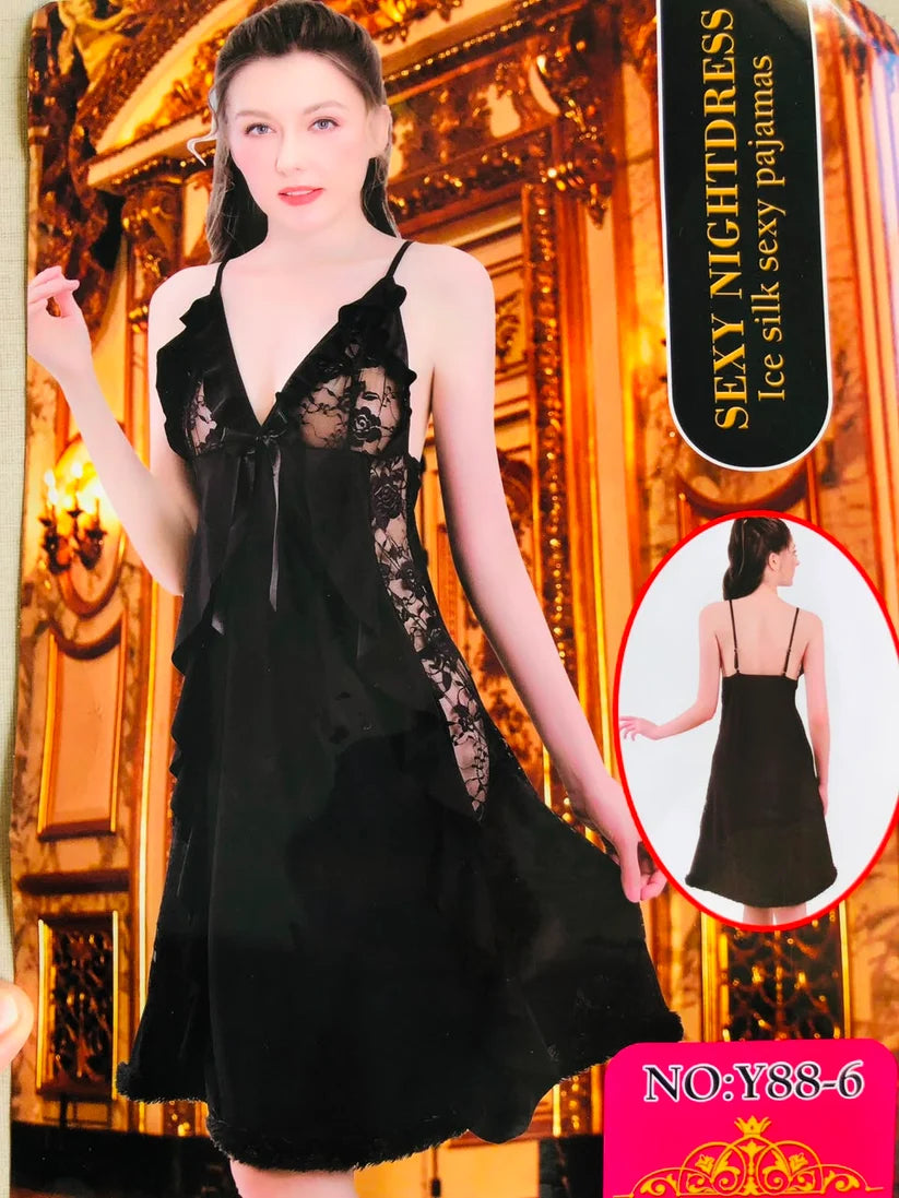 Luxury Black Ice Silk Nightgown with Side Floral Lace