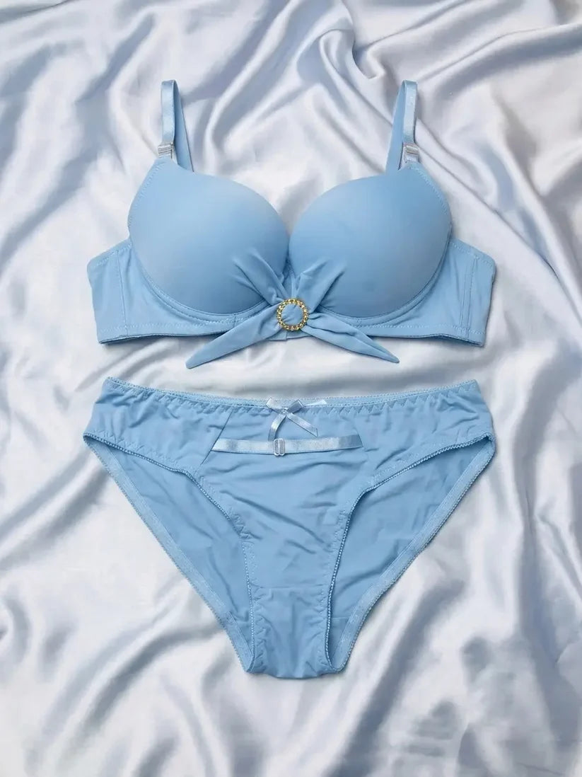 Luxe Baby Blue Twist-Front 2-Piece Intimates Set with Gold Emblem