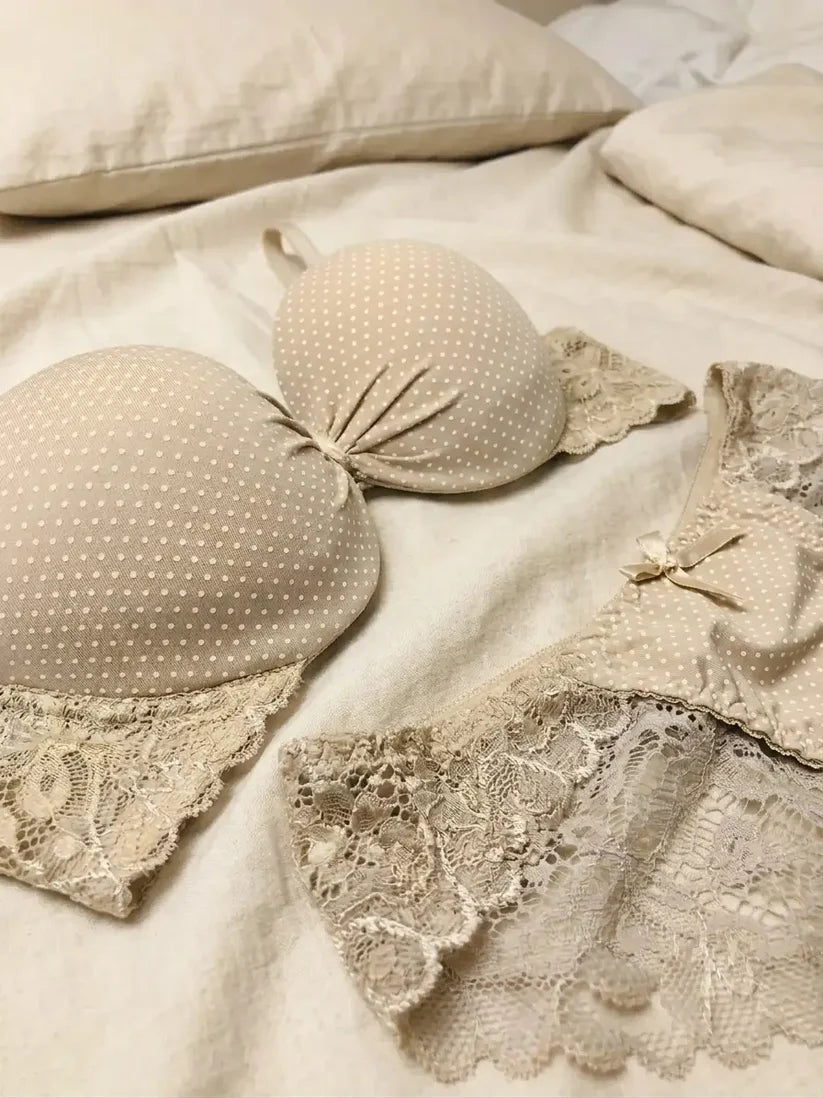 Women’s Cream Polka Dot Bra and Matching Lace Panty Set