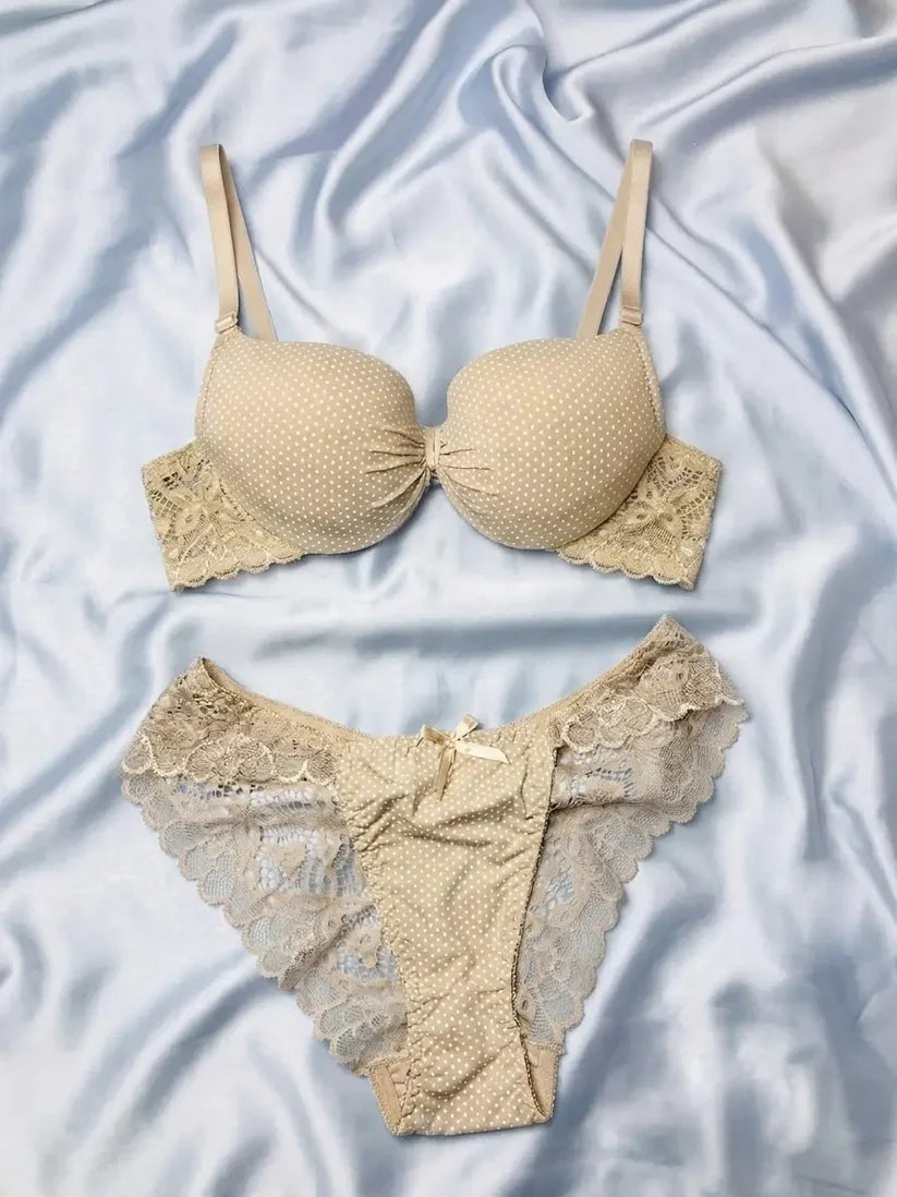 Women’s Cream Polka Dot Bra and Matching Lace Panty Set