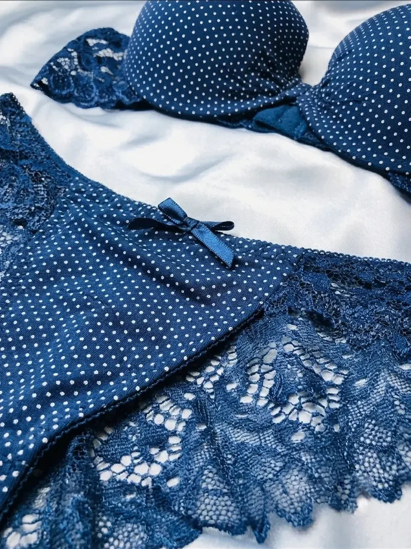 Women’s Deep Blue Polka Dot Bra and Lace Trim Bikini Set