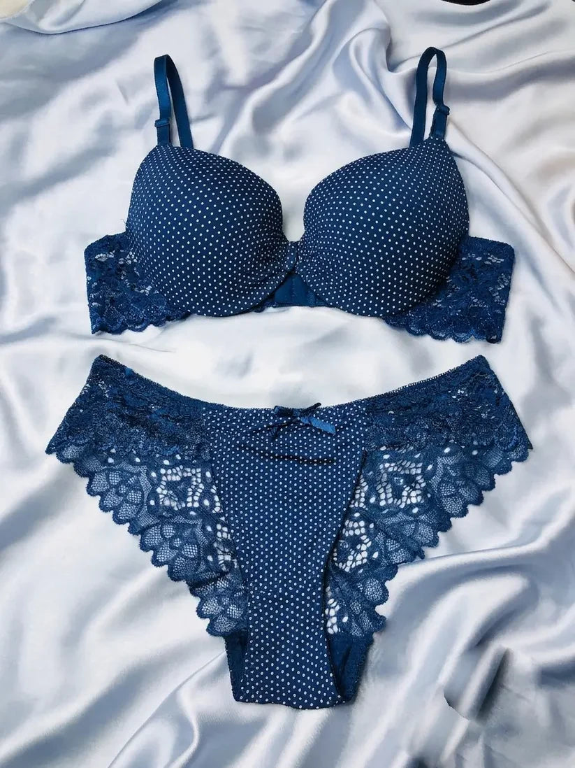 Women’s Deep Blue Polka Dot Bra and Lace Trim Bikini Set