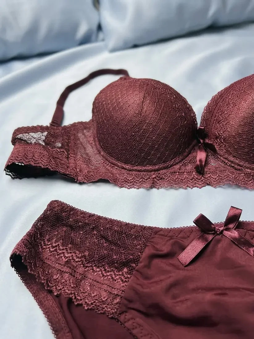 Women’s Deep Red Padded Bra and Lace Panty Set