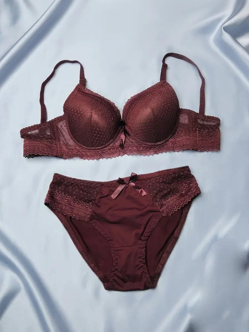 Women’s Deep Red Padded Bra and Lace Panty Set