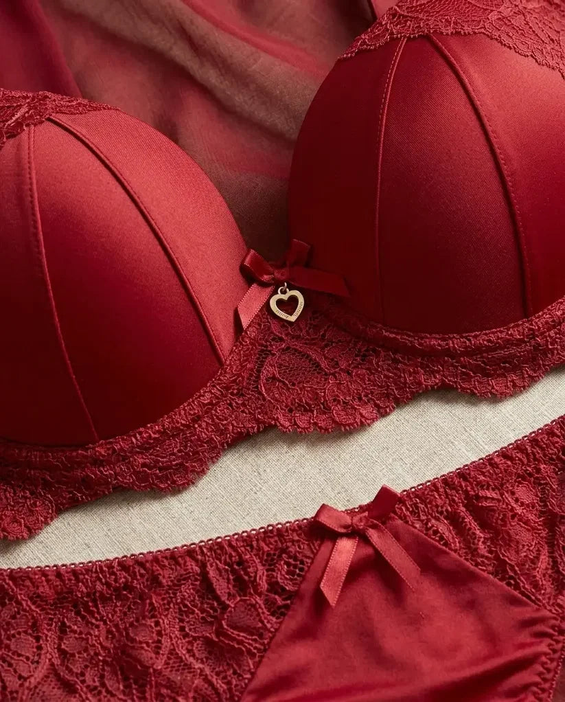 Women’s Deep Red Padded Bra and Lace Panty Set