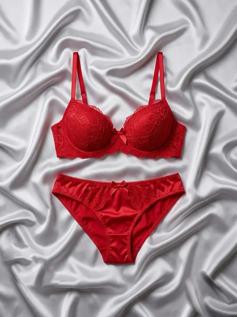 Women’s Red Padded Lace Bra and Matching Satin Panty Set