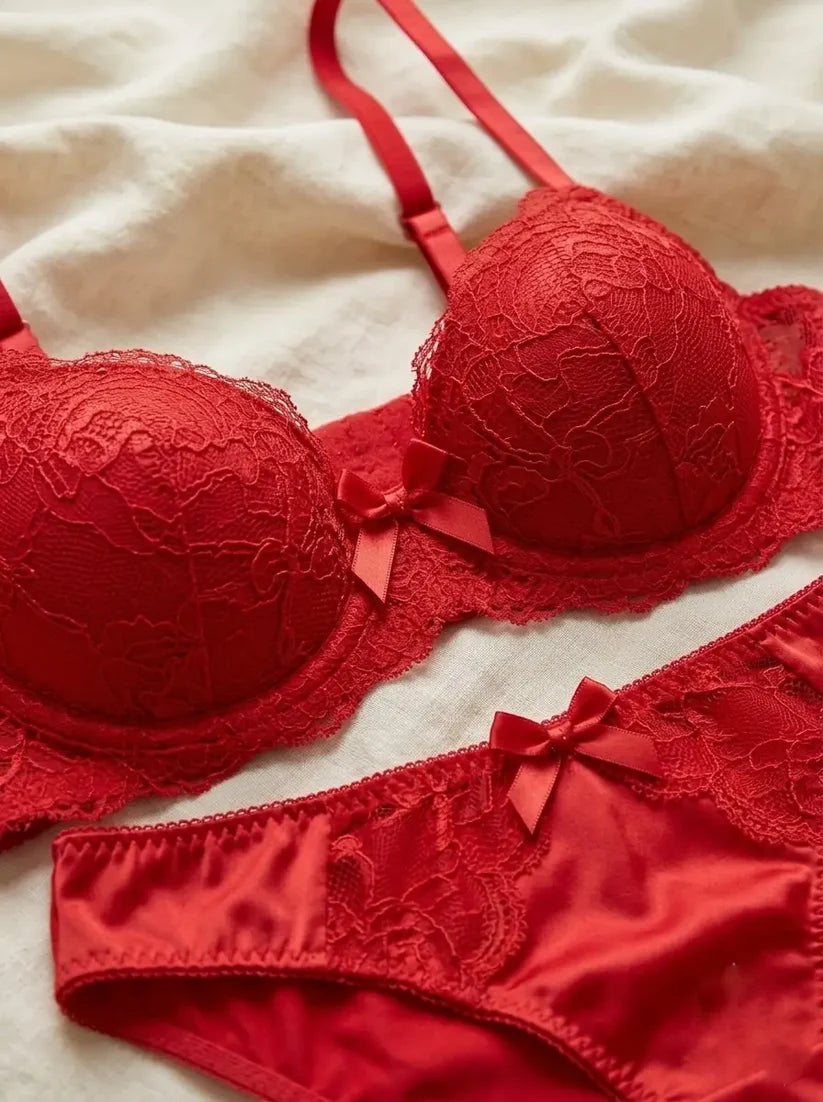 Women’s Red Padded Lace Bra and Matching Satin Panty Set