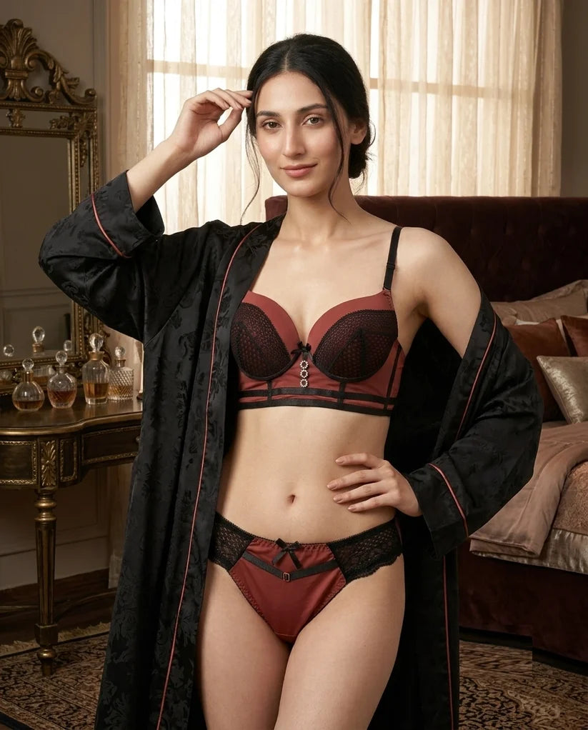 Women’s Rust and Black Padded Longline Bra and Lace Panty Set