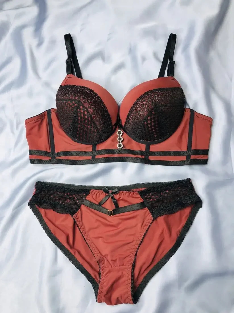 Women’s Rust and Black Padded Longline Bra and Lace Panty Set