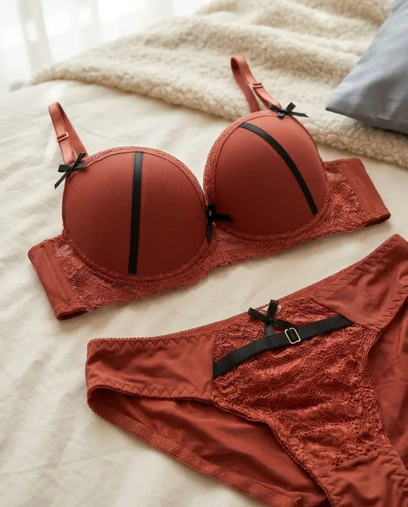 Luxe Burnt Sienna 2-Piece Intimates Set with Black Piping & Lace Trim