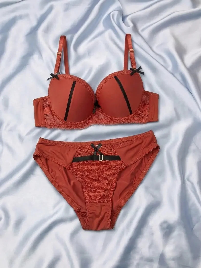 Luxe Burnt Sienna 2-Piece Intimates Set with Black Piping & Lace Trim