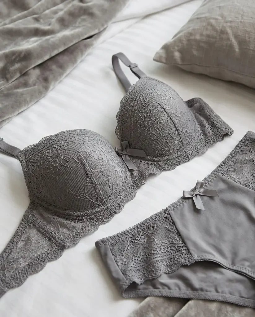 Luxe Dark Slate Wide-Band 2-Piece Intimates Set with Textured Lace