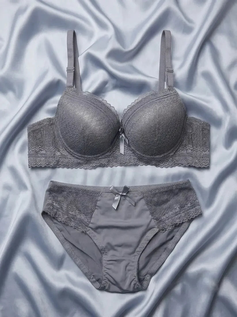 Luxe Dark Slate Wide-Band 2-Piece Intimates Set with Textured Lace