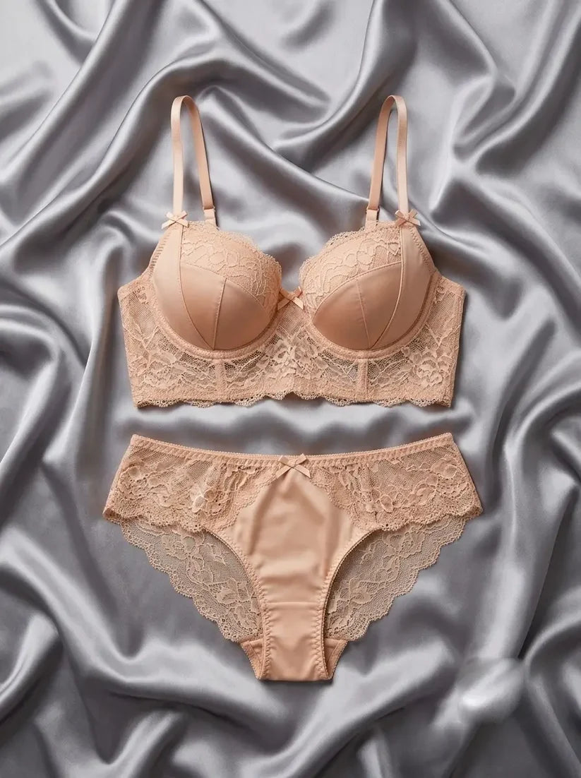 Luxe Blush Nude Satin & Scalloped Lace 2-Piece Intimates Set