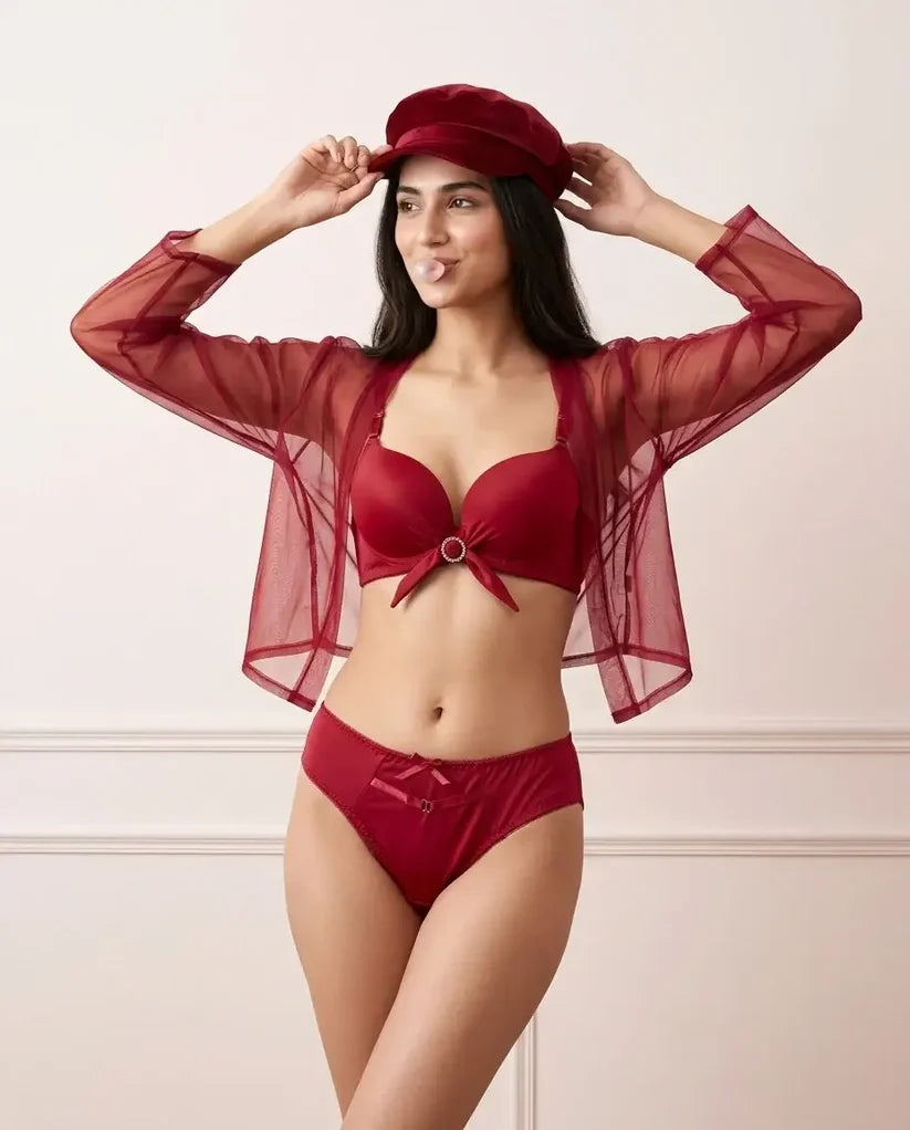 Women's Deep Red Push-Up Bra & Panty Set – Soft Padded Everyday Lingerie