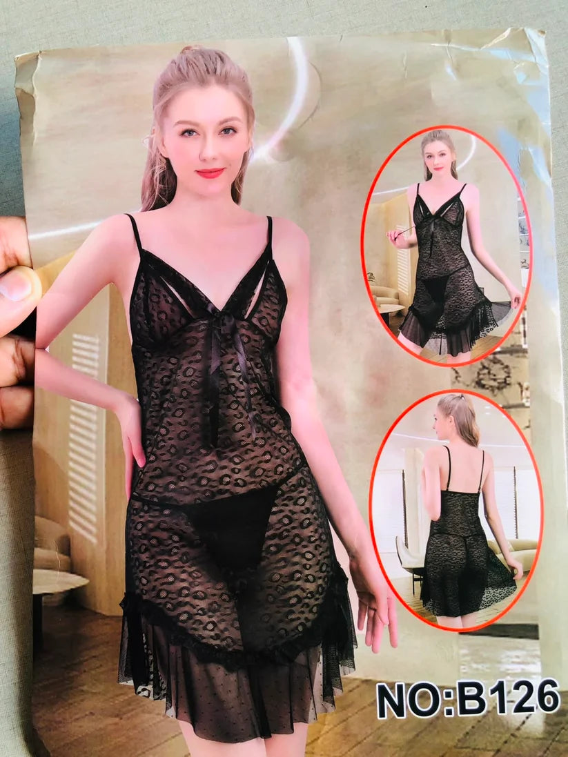 Black Sheer Leopard Print Babydoll Nightdress with Ruffled Hem