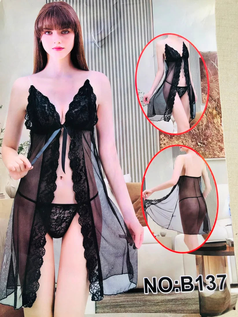 Elegant Black Lace Sheer Babydoll Nightwear Set (2-Piece)