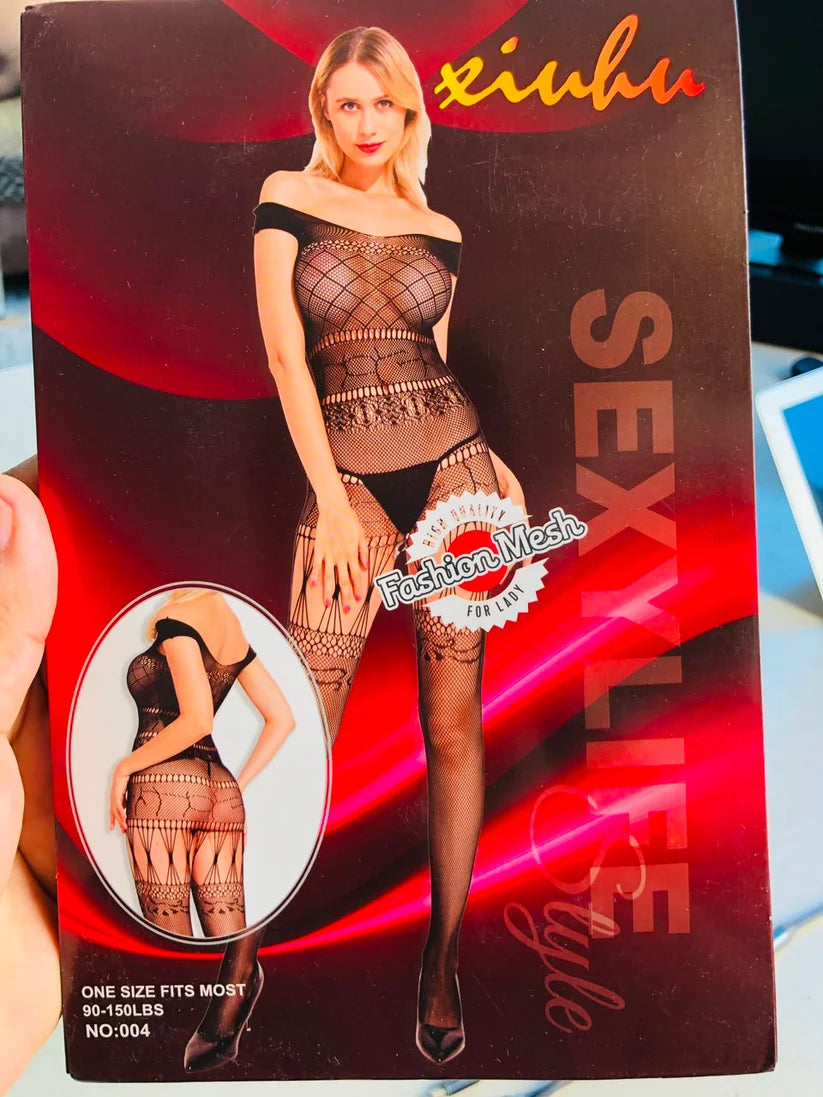 Romantic Black Off-Shoulder Cutout Fishnet Bodystocking
