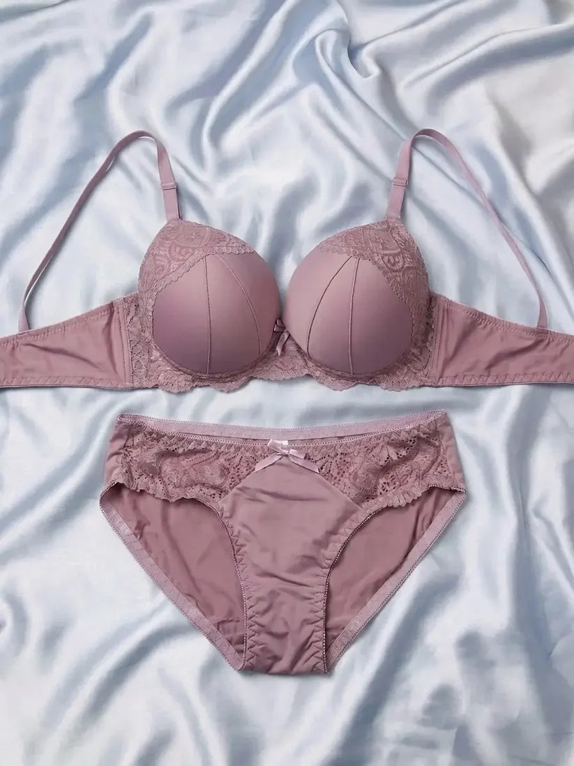 Luxe Dusty Purple Satin & Floral Lace 2-Piece Intimates Set