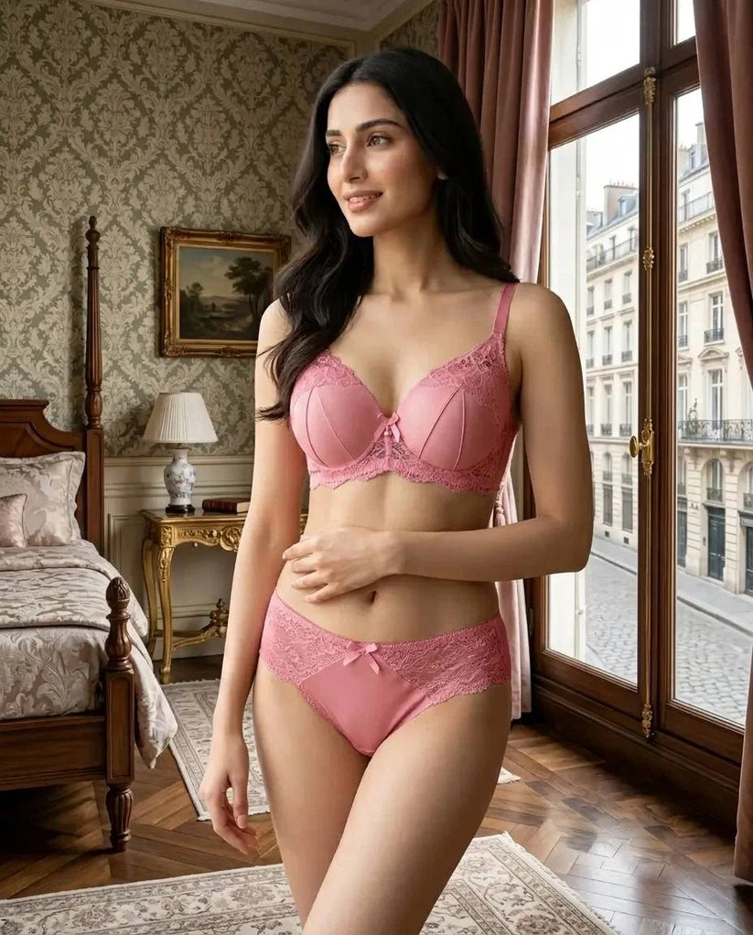 Luxe Blossom Pink Satin & Floral Lace 2-Piece Intimates Set