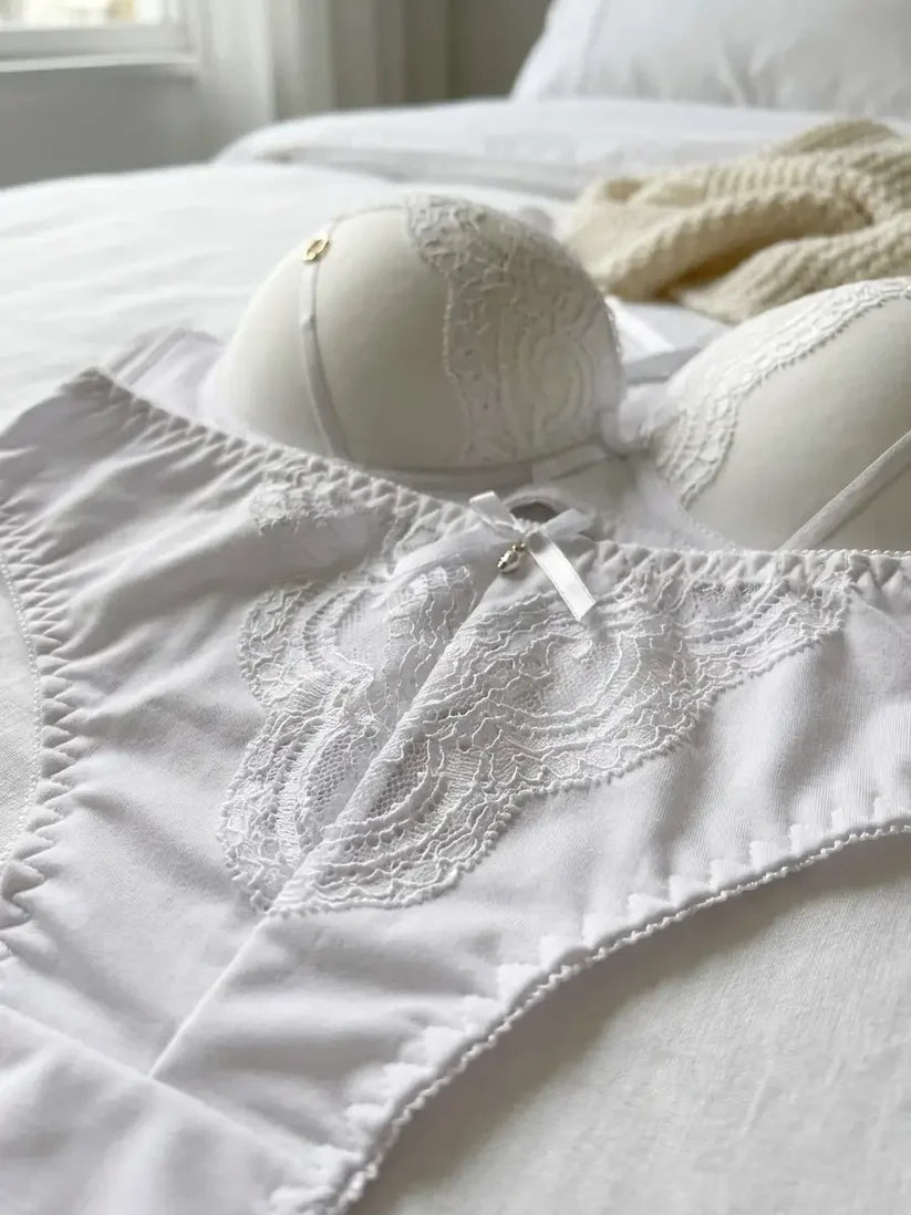 Women’s All-White Padded Underwire Bra and Lace Panty Set