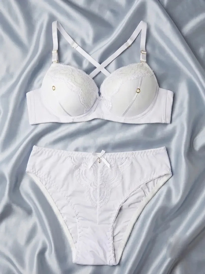 Women’s All-White Padded Underwire Bra and Lace Panty Set