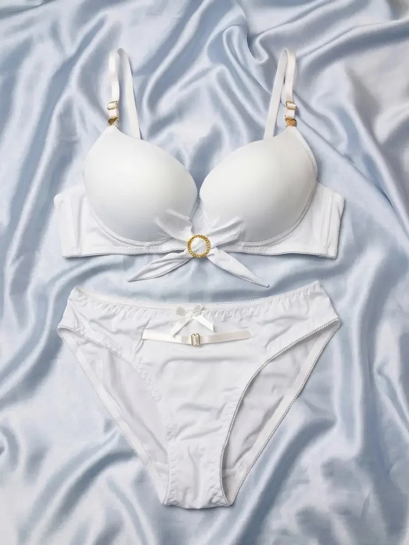 Luxe Bridal White Twist-Front 2-Piece Intimates Set with Gold Heart Accents