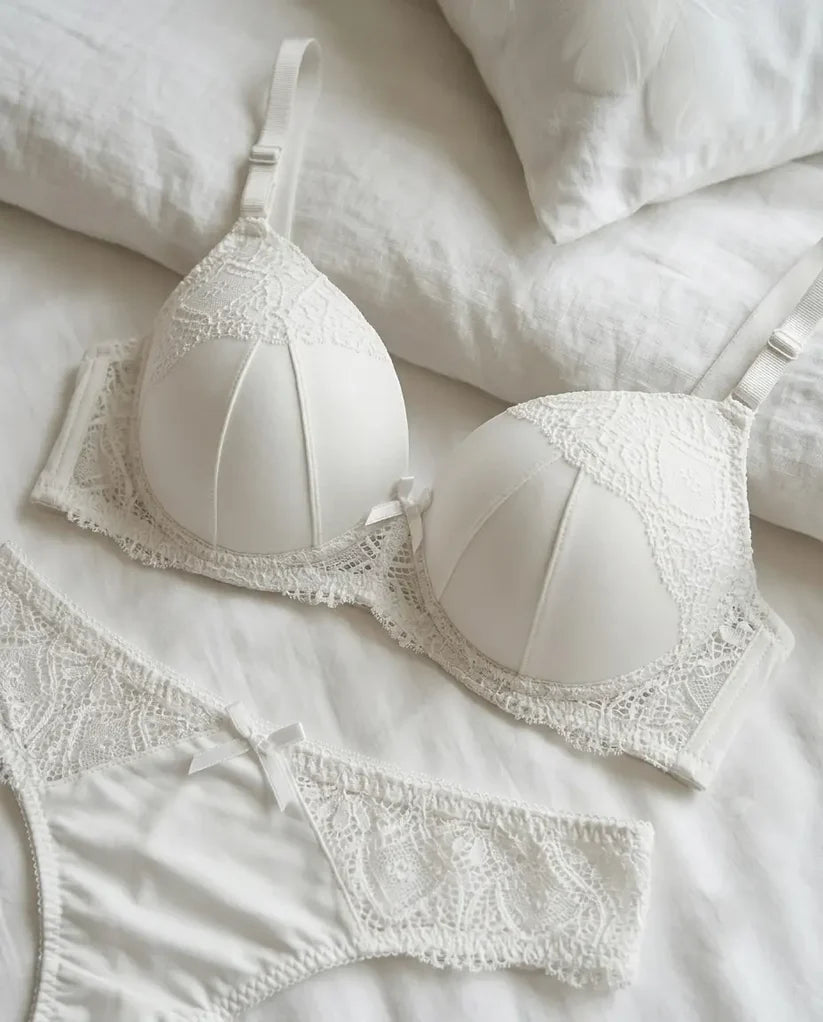 Luxe Bridal White Satin & Floral Lace 2-Piece Intimates Set